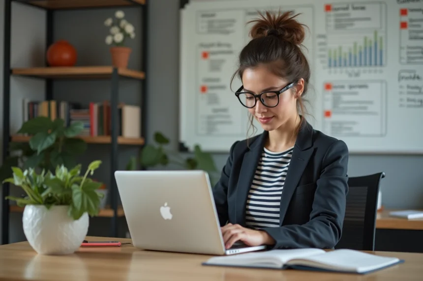 Jeune femme professionnelle analysant des métriques SEO dans son bureau