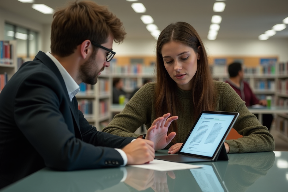 Jeune femme discutant avec un bibliothecaire à la bibliothèque