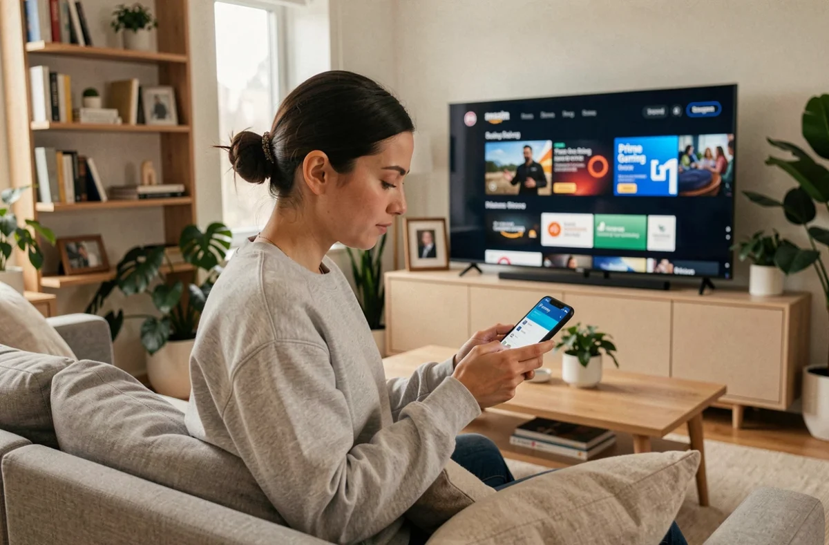 Femme entrant un code bonus Prime Gaming sur son smartphone dans un salon contemporain