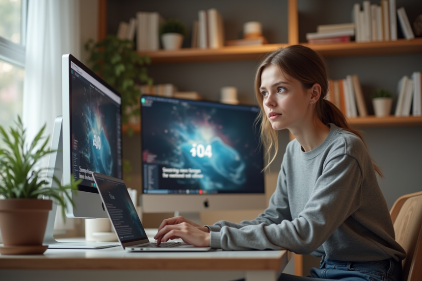 Jeune femme au bureau devant un écran 404 erreur