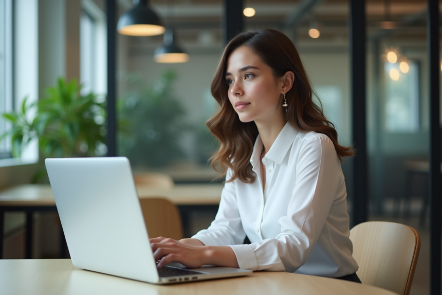 Jeune femme au bureau interagissant avec un chatbot sur son ordinateur