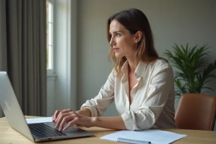 Femme d'âge moyen travaillant sur un clavier français AZERTY