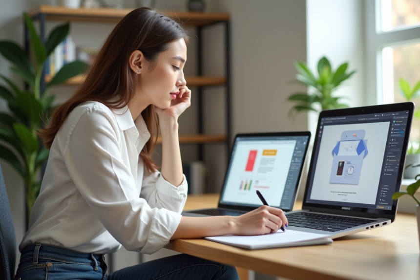Jeune femme au bureau compare deux écrans d'ordinateur