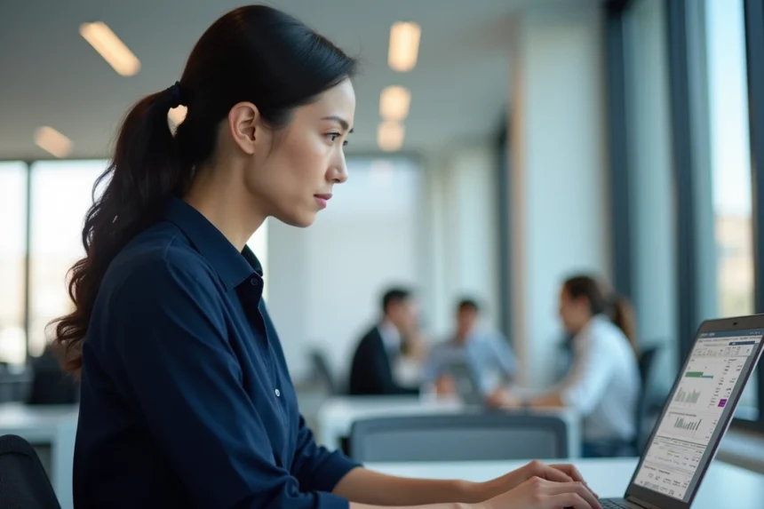 Femme professionnelle travaillant sur Excel avec Power Query dans un bureau moderne