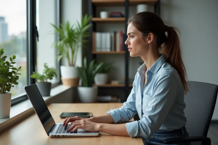 Femme en bureau moderne travaillant sur son ordinateur