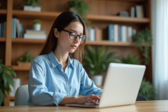 Jeune femme au bureau regardant son ordinateur portable
