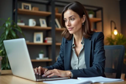Femme en blazer travaillant sur son ordinateur dans un bureau