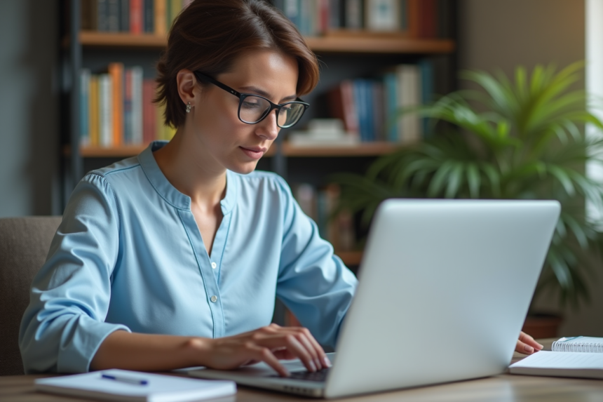 Femme travaillant sur un ordinateur dans un bureau organisé