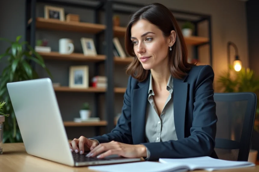 Femme en blazer travaillant sur son ordinateur dans un bureau