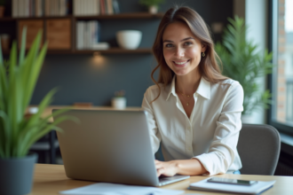 Jeune femme française travaillant sur un ordinateur dans un bureau moderne