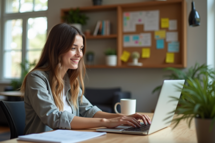Jeune femme concentrée travaillant sur son ordinateur dans un bureau lumineux