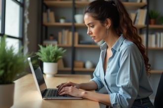 Femme au bureau sauvegardant un email sur son ordinateur
