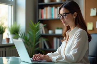 Femme au bureau vérifiant ses emails sur un ordinateur