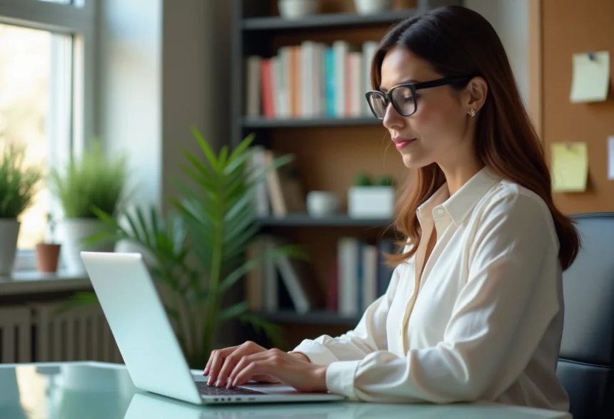 Femme au bureau vérifiant ses emails sur un ordinateur