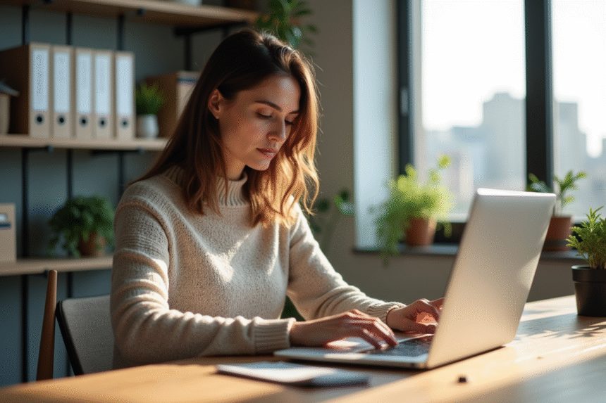 Femme au bureau organisant ses fichiers sur Google Drive