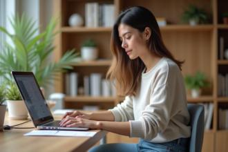 Femme organisée travaillant sur son ordinateur dans un bureau lumineux