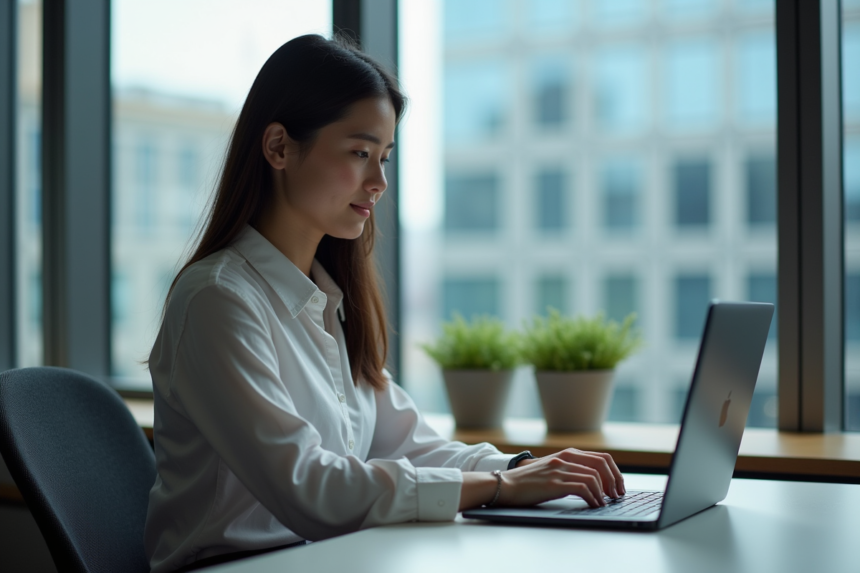Jeune femme au bureau organisant des dossiers numériques