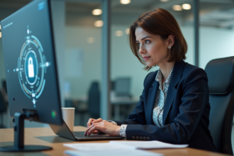 Femme au bureau vérifiant la sécurité informatique