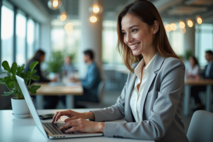 Femme d'affaires sécurisant un PDF sur son ordinateur