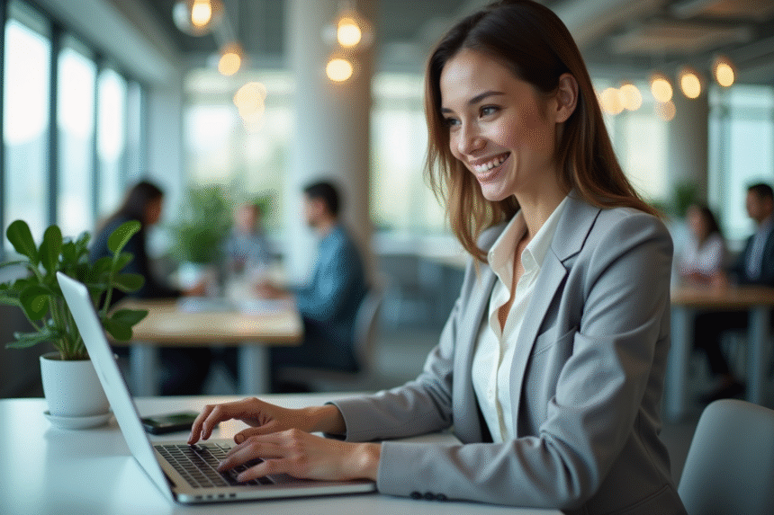 Femme d'affaires sécurisant un PDF sur son ordinateur