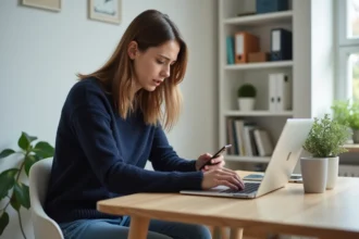 Femme au bureau à domicile travaillant sur son ordinateur