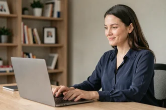 Femme professionnelle utilisant Zoom sur un ordinateur portable dans un bureau à domicile bien organisé