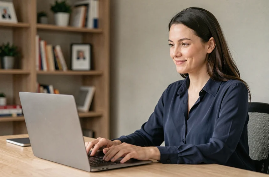 Femme professionnelle utilisant Zoom sur un ordinateur portable dans un bureau à domicile bien organisé