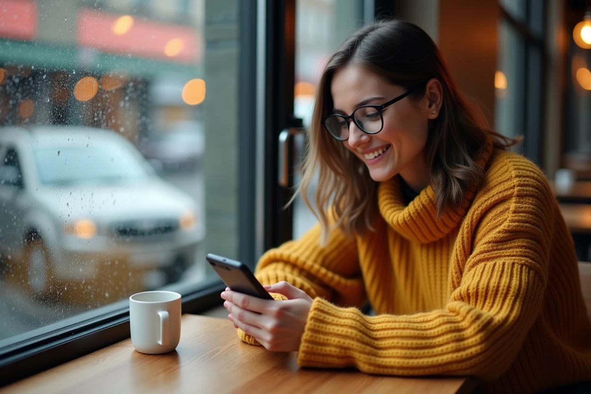 Femme utilisant son smartphone pour télécharger un MP3 au café