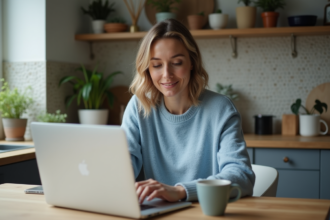 Femme en casual travaillant sur son ordinateur dans la cuisine