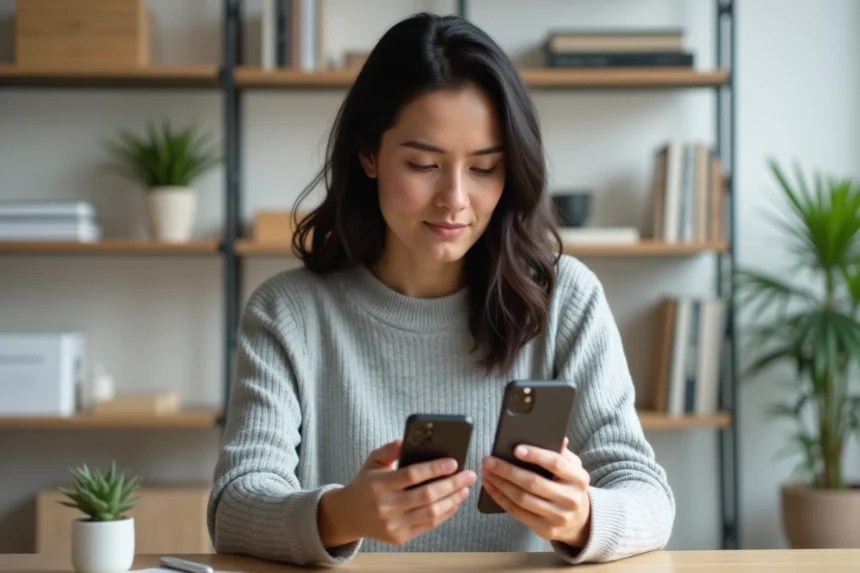 Femme comparant un iPhone 14 avec un smartphone plus récent sur un bureau en bois dans un bureau à domicile moderne
