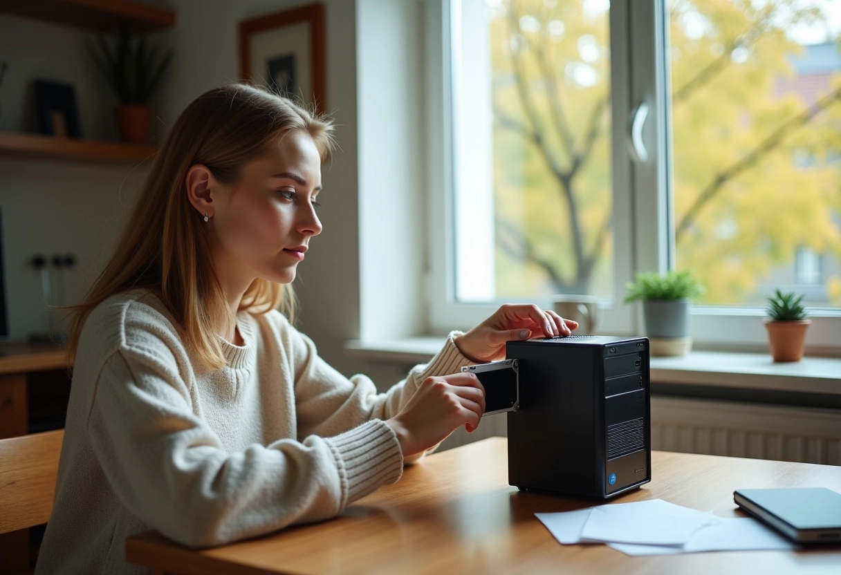 Jeune femme connectant un disque dur à un ordinateur dans la maison
