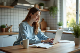 Jeune femme travaillant sur son ordinateur dans une cuisine chaleureuse