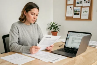 Femme consultant un document imprimé avec texte en miroir à côté d'un ordinateur ouvert sur Word, dans un bureau à domicile