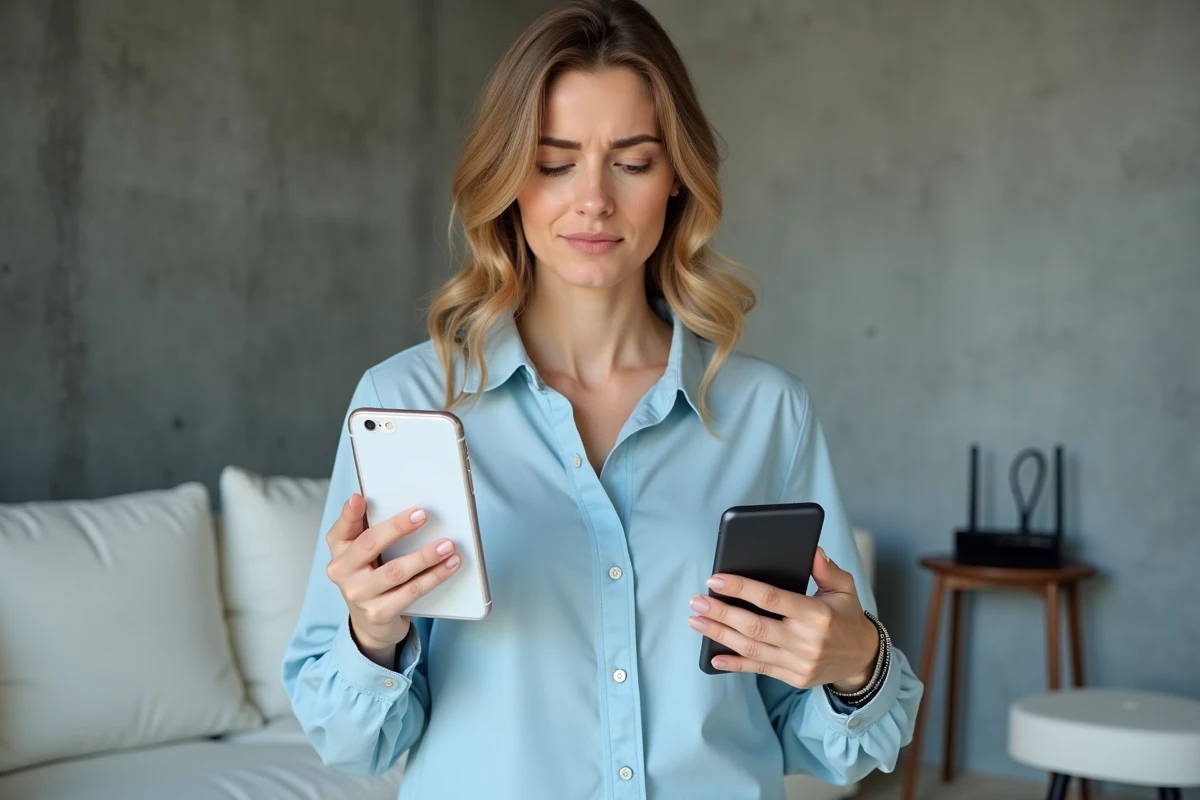 Femme perplexe vérifiant les résultats d'éligibilité fibre SFR sur son smartphone dans son salon