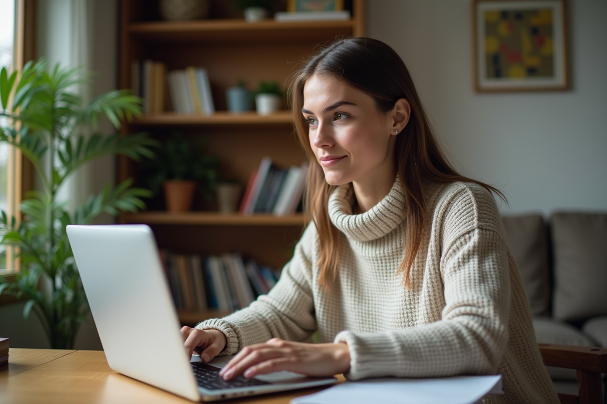 Jeune femme encryptant des fichiers sur son ordinateur portable à la maison
