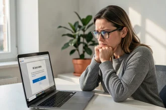 Femme frustrée devant un écran d'ordinateur portable affichant une erreur de connexion sur un portail RH