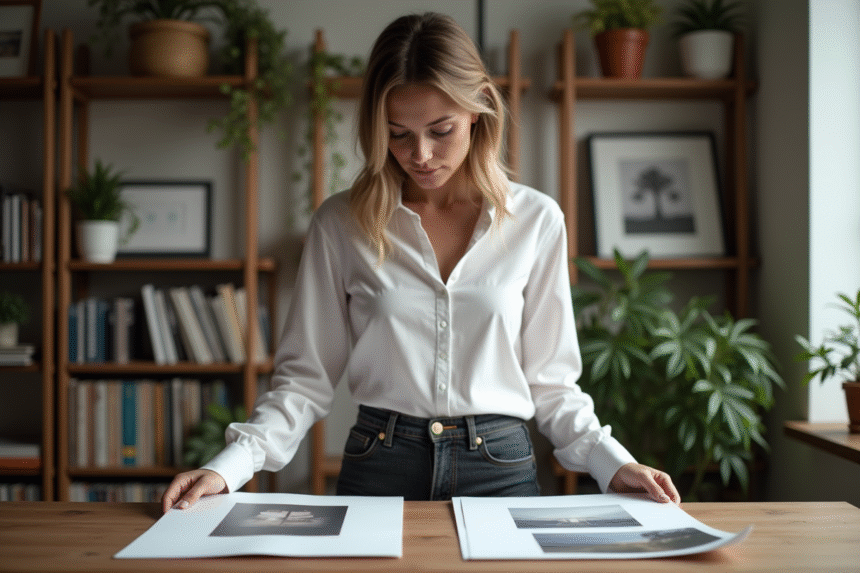 Femme regardant des impressions photo sur une table dans un studio