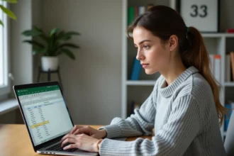 Femme utilisant une formule Excel pour calculer des âges sur un ordinateur portable dans un bureau à domicile