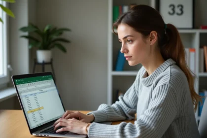 Femme utilisant une formule Excel pour calculer des âges sur un ordinateur portable dans un bureau à domicile