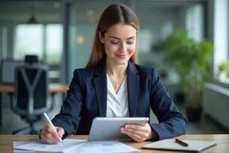 Femme professionnelle vérifiant documents GDPR au bureau