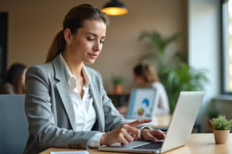 Femme professionnelle pointant un graphique camembert dans Excel sur un ordinateur portable dans un bureau moderne