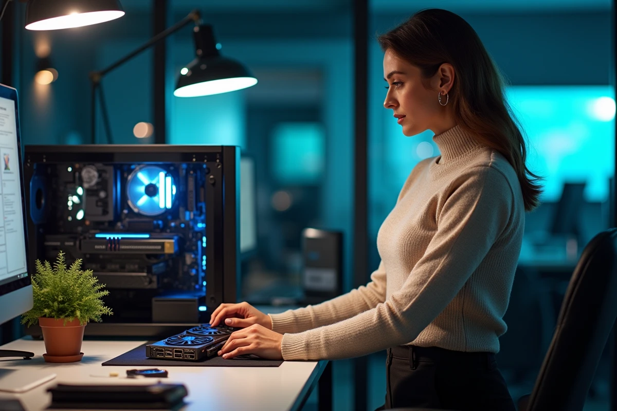 Femme professionnelle installe un SSD dans un ordinateur