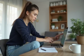 Jeune femme vérifiant sa connexion internet à son bureau