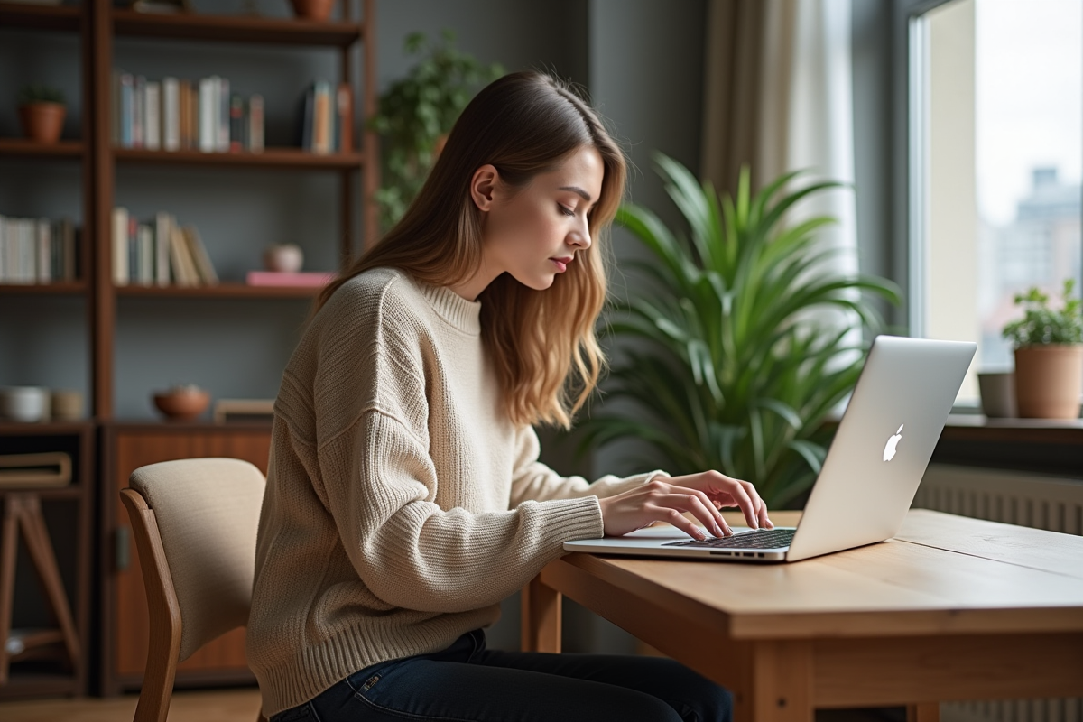 Jeune femme utilisant un ordinateur portable à la maison