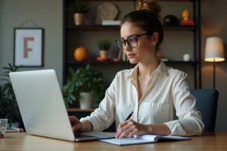 Femme en blouse casual utilise l'interface ENT sur un ordinateur