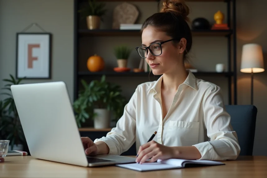 Femme en blouse casual utilise l'interface ENT sur un ordinateur