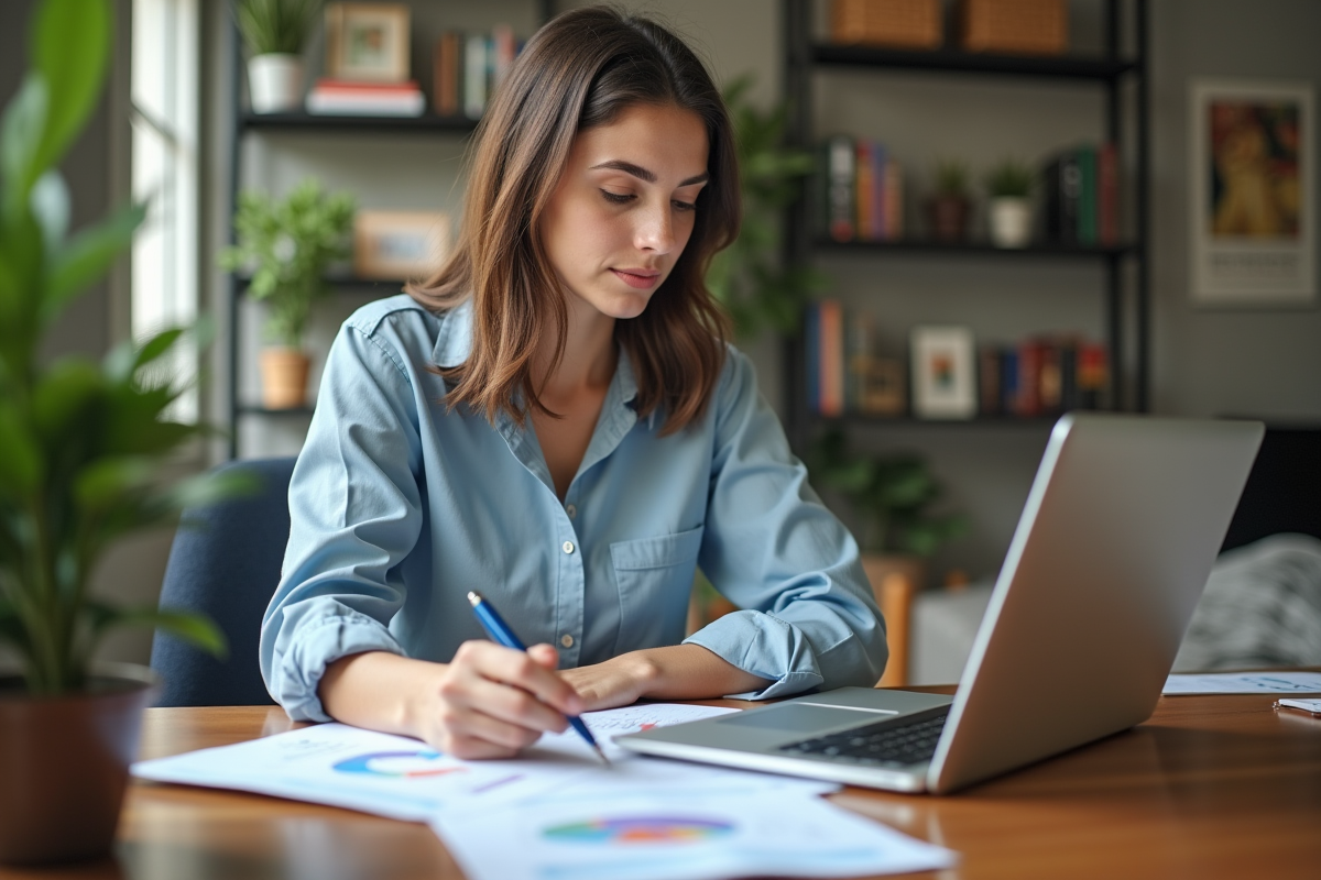 Jeune femme travaillant seule à son bureau à domicile