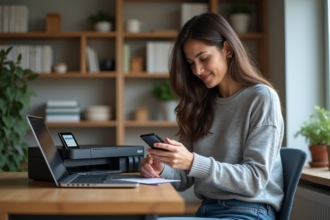 Jeune femme avec smartphone et imprimante à domicile