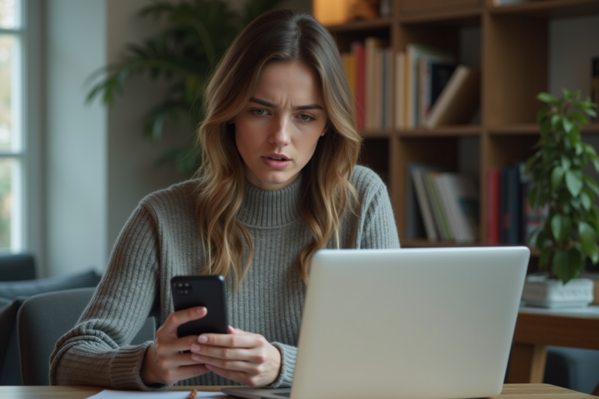 Femme concentrée vérifiant un email suspect sur son ordinateur