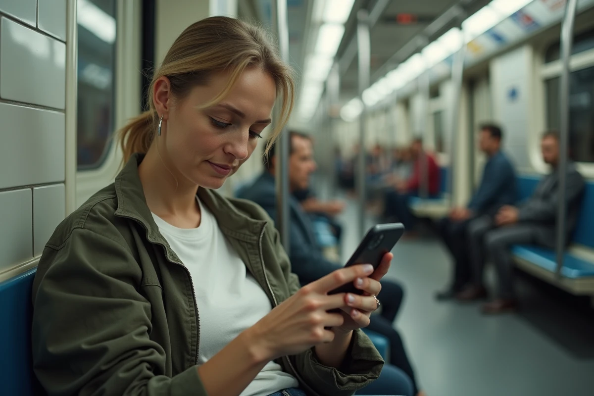 Femme paramétrant son webmail sur mobile dans le métro lors d'un trajet quotidien